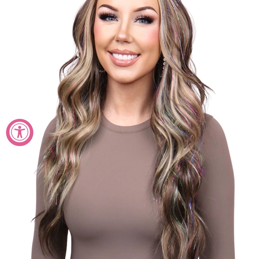 Chelsey Smith Cosmetics Sharpay Wig Heavy Highlights with rainbow tinsel brunett